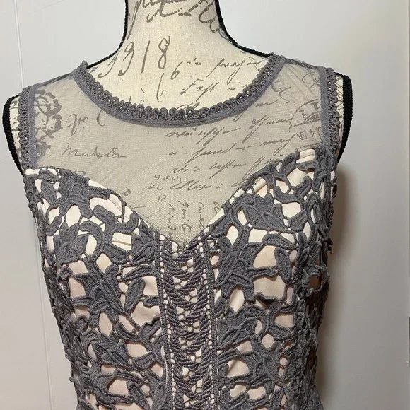 Beautiful Alya Taupe Lace Fitted Sleeveless Sheath Dress  Size L Gray - Picture 3 of 8